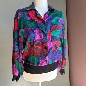 Vintage JOYCE Sportswear Women's Med Colorful Button Up Blouse 80's Retro Floral